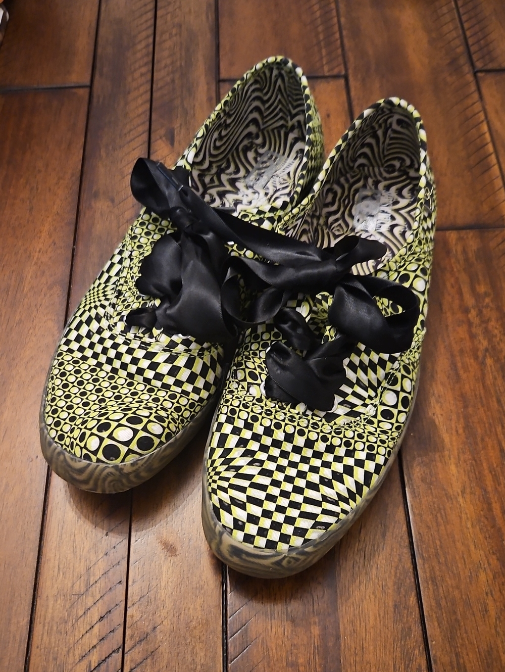 Keds Yellow and Black Patterned Slip-On Sneakers with Satin Ribbon Laces